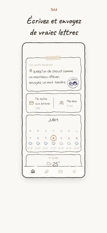 Écran d'accueil avec l'invitation à écrire du jour et les widgets boîte aux lettres et calendrier