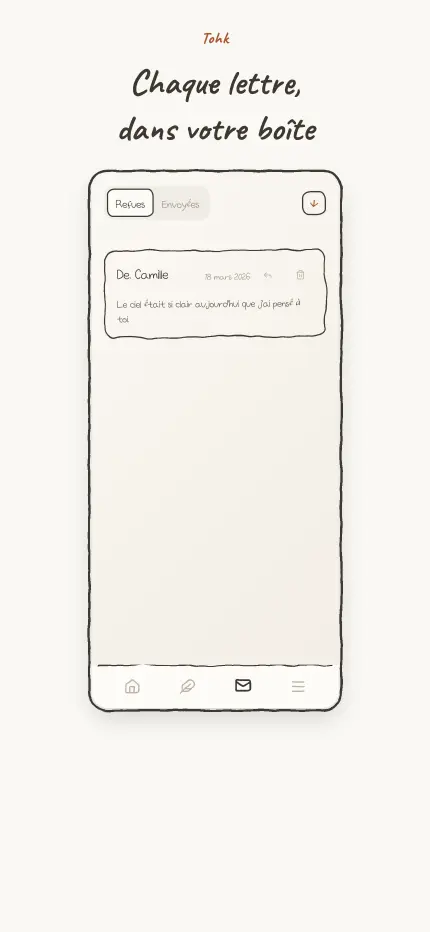 Écran de la boîte aux lettres avec la liste des lettres reçues