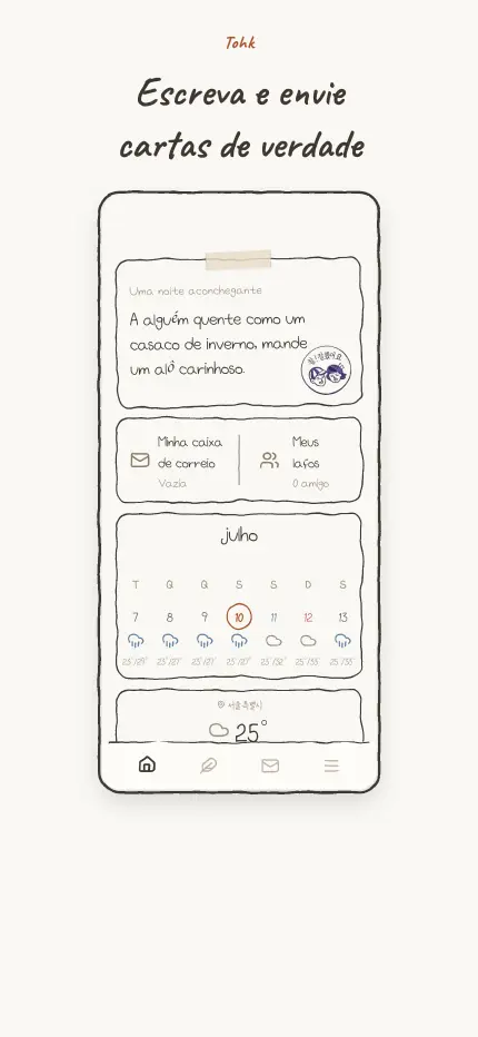 Tela inicial com a sugestão de carta do dia e os widgets de caixa de correio e calendário