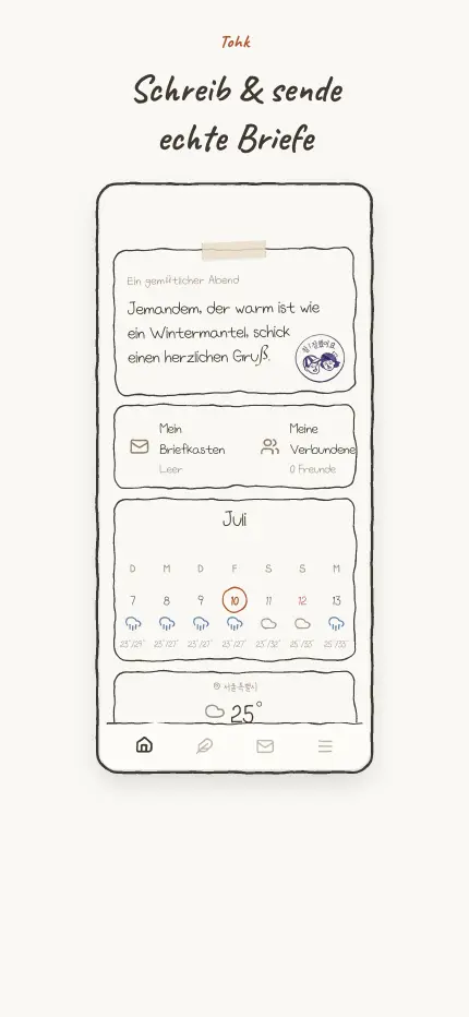 Startbildschirm mit dem Schreibimpuls des Tages und den Widgets für Briefkasten und Kalender