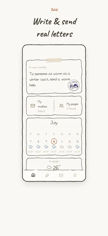 Home screen with today's writing prompt and the mailbox and calendar widgets