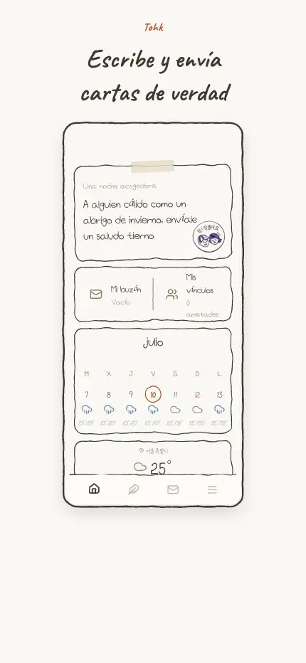 Pantalla de inicio con la propuesta de carta del día y los widgets de buzón y calendario