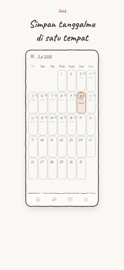 Layar kalender yang menampilkan satu bulan dan hari-hari istimewanya