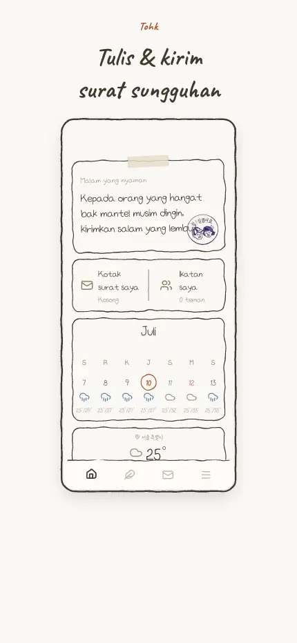 Layar utama dengan ajakan menulis hari ini serta widget kotak surat dan kalender