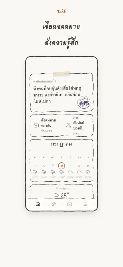 หน้าแรก พร้อมข้อความชวนเขียนของวันนี้ และวิดเจ็ตตู้จดหมายกับปฏิทิน